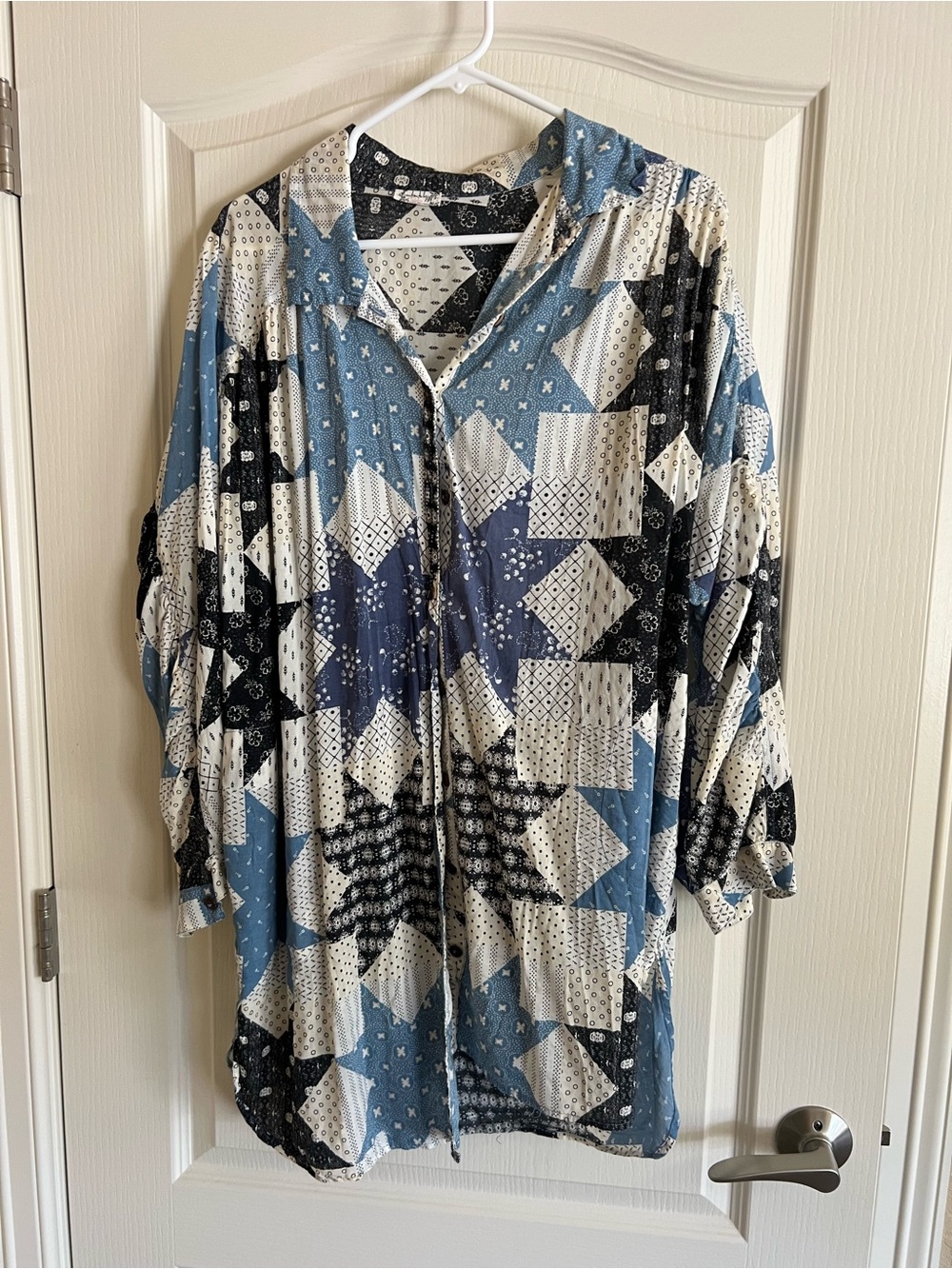 Free People Blue Black White Patchwork Button-Front Blouse